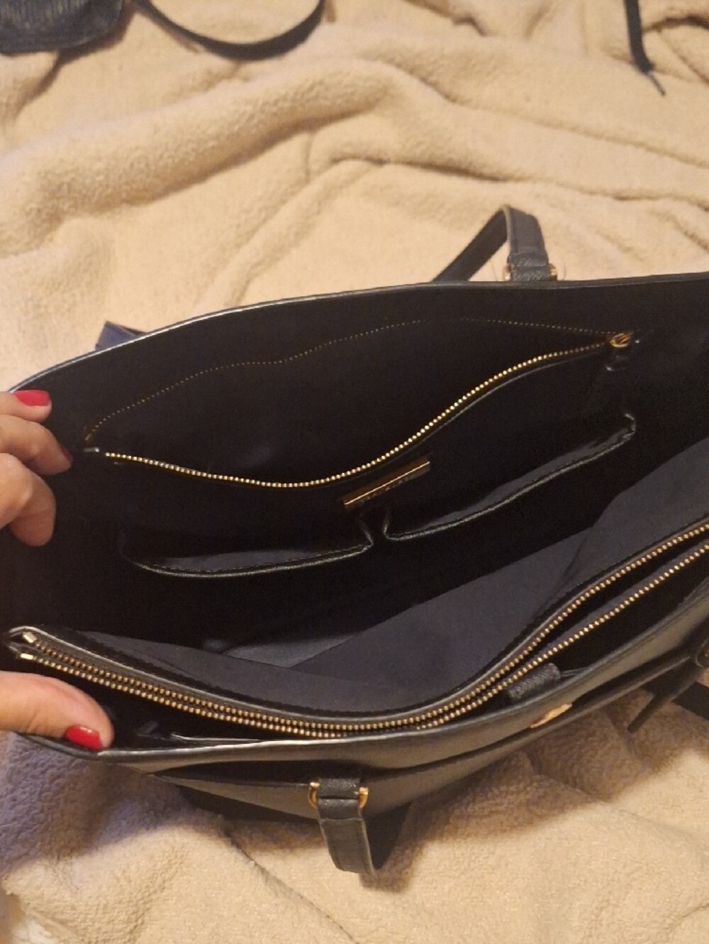 Tory Burch Black Leather Double-Handle Tote with Logo Tag - Picture 5 of 7